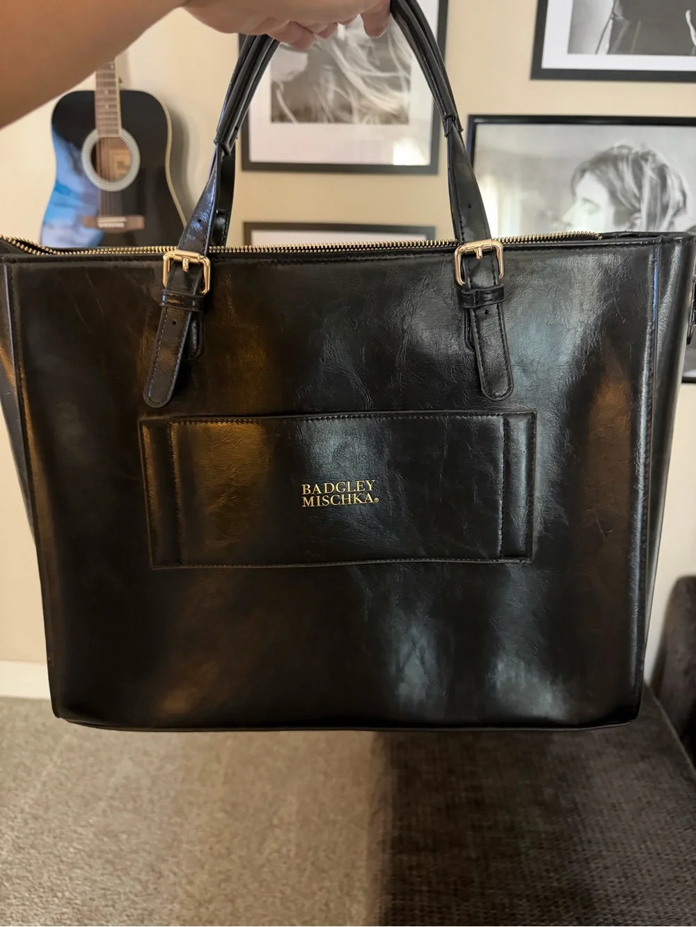 Badgley Mischka Black Leather Structured Tote with Front Pocket